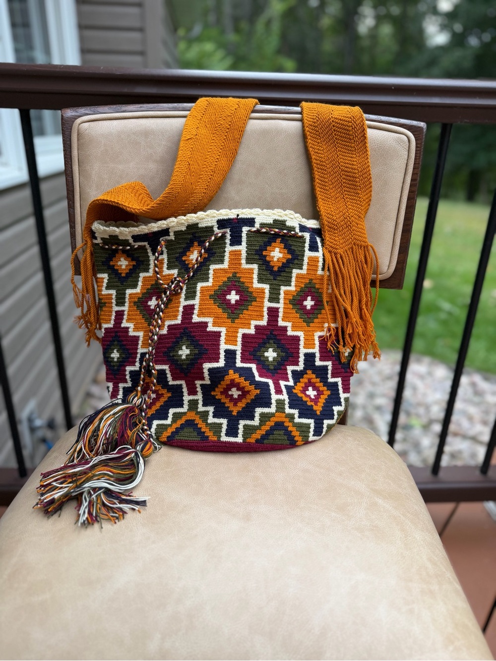 Colombian Handwoven Geometric Bucket Bag in Mustard and Multicolor